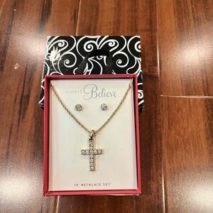 Cross Earrings Necklace Set Pendant Religious Gold‎ Tone Jewelry Gift Box New